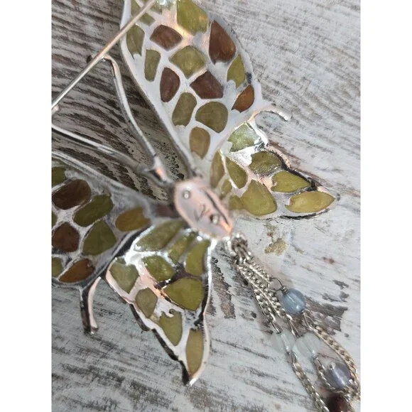 Enamel Butterfly Brooch With Dangle Beads Gold Tone Marked Figural Pin #187 - Picture 6 of 8